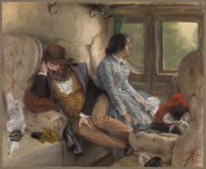 In een treinwagon (na een nachtelijke reis) door Adolph Menzel