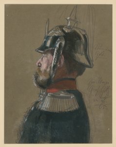 Karl Friedrich graaf von Goltz, generaal-majoor, borstportret met helm en degen, profiel naar links, portretstudie voor „De kroning van Wilhelm I in Königsberg” door Adolph Menzel