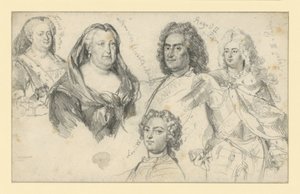 Koningin Sophia Dorothea van Pruisen, keizerin Elisabeth van Rusland, koning Augustus II van Polen, koning Augustus III van Polen, Lodewijk XV van Frankrijk door Adolph Menzel