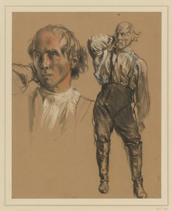 Man in hemd, broek en hoge laarzen, en face staand, met de rechterhand aan de nek, blik naar links, links: grotere kopstudie door Adolph Menzel