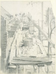 Metselaars aan het werk op een steiger door Adolph Menzel