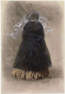 Rugfiguur van een dame met hoed en wapperende sluier door Adolph Menzel