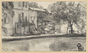 Achterzijde van een huizenrij en boom aan het water door Adolph Menzel