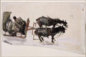 Sledespan met twee paarden en koetsier, van boven gezien door Adolph Menzel