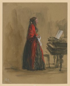 Zingende vrouw, staand bij een vleugel, in profiel naar rechts door Adolph Menzel