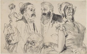 Schetsblad met drie mannenhoofden en twee vrouwelijke rugfiguren van een voornaam gezelschap door Adolph Menzel