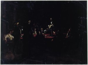 Feestgangers rond een grote tafel en een zanger door Adolph Menzel