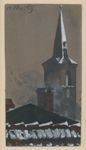Pannendak en kerktoren, besneeuwd door Adolph Menzel