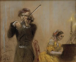 Clara Schumann en Joseph Joachim musiceren door Adolph Menzel