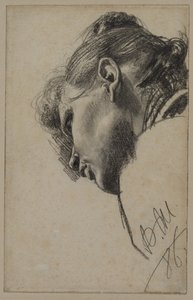 Hoofd van een jonge vrouw van onderaf gezien door Adolph Menzel