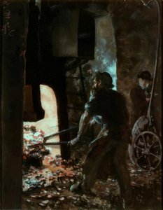 Zelfportret met Arbeider bij de Stoomhamer door Adolph Menzel
