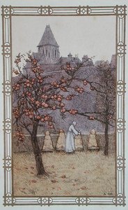 Imker controleert haar bijenkorven, illustratie uit La Vie des Abeilles, uitgegeven in Parijs door Adolphe (after) Giraldon