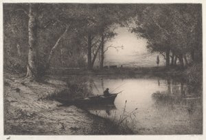Een visser in een bebost meer bij avond door Adolphe Appian