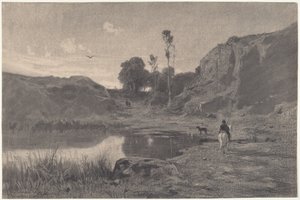 Een Ruiter bij een Bergvijver bij Zonsondergang door Adolphe Appian