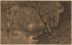 Een bosrivier met een visser door Adolphe Appian