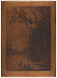 Geëtste koperplaat "Landschap met Eenden" door Adolphe Appian