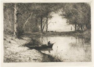 Visser in een boot aan de oever door Adolphe Appian
