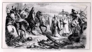 St. Loup verdedigt de stad Troyes tegen Attila de Hun te paard, illustratie uit een geschiedenis van Frankrijk, 2e helft 19e eeuw door Adolphe Francois Pannemaker