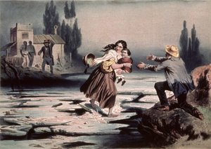 Eliza steekt de ijsschotsen van de Ohio-rivier over naar vrijheid, illustratie uit 