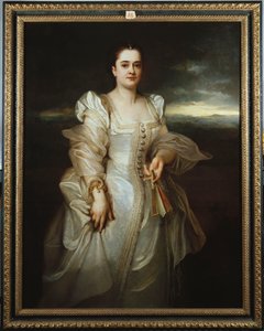 Portret van een Dame in een Witte Jurk geborduurd met Parels door Adolphe Joseph Thomas Monticelli