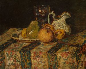 Stilleven met fruit en wijnkan