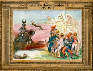 Allegorie van conflict: Franse troepen geleid door Overwinning gaan in de aanval op Duitsland belichaamd door de dood te paard door Adolphe Leon Willette