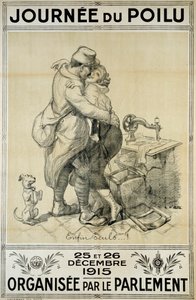 Eerste Wereldoorlog: poster ter ere van soldaten die de hereniging van een paar vertegenwoordigen voor de Dag van de Harige op 25 en 26 december door Adolphe Leon Willette
