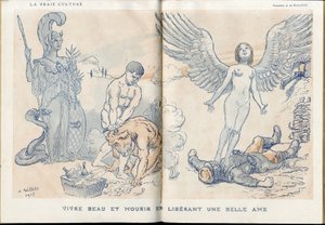 Illustratie van Adolphe dit Willette (1857-1926) in Fantasio, 01/05/15 - Mooi leven en sterven door het loslaten van een mooie ziel - Oorlog van 14-18, Dode lijken, Barbarij/Kultur, Jam van Schedel - Soldaten