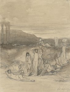 Klassiek landschap met liggende, staande en zittende naaktfiguren en een tempelruïne door Adolphe René Lefèvre