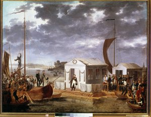 Interview van Tilsit tussen Napoleon I en tsaar Alexander I van Rusland op de rivier de Niemen op 25 juni door Adolphe Roehn