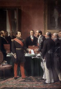 Franse keizer Napoleon III geeft aan Baron Haussmann decreet over annexatie van voorstedelijke steden in Parijs in juni 1859