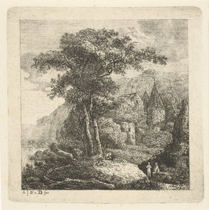 Bergachtig landschap met bomen, kasteel en twee figuren door Adriaan Jacob Willem van Dielen