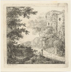 Landschap met figuren bij ruïne van kasteel