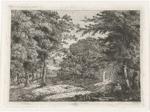 Landschap met kapel tussen bomen en lezende monnik door Adriaan Jacob Willem van Dielen