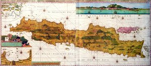 Insulae lavae, een grote opvouwbare kaart van Java met twee inlegstukken die beide uitzichten van Batavia (Jakarta) afbeelden, Nederlands, uitgegeven door Gerard van Keulen, Amsterdam, ca. 1715