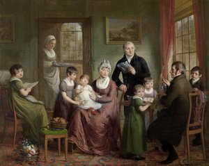 Portret van de familie van Adrianus Bonebakker en zijn compagnon D.L. Bennewitz door Adriaan de Lelie (signed by artist)