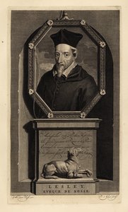 John Lesley, Schotse historicus en bisschop van Ross. Eveque de Rosse. Hond met sleutel. Kopergravure door Pieter Stevens van Gunst