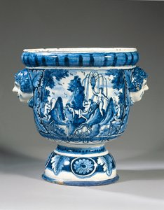 Delfts blauw-witte mythologische tuinvaas met twee handvatten door Adriaen (fl.1868 d.1701) (attr.to) Kocks