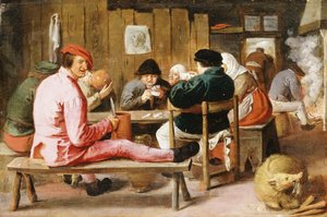 Boeren roken en drinken aan een tafel in een taverne, ca.1625 door Adriaen Brouwer