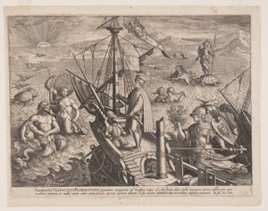 Amerigo Vespucci op zijn schip, uit Americae Retectio (De ontdekking van Amerika)