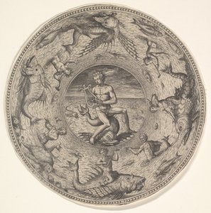 Arion op een dolfijn omringd door een rand versierd met zeedieren, uit een set, 1580-1600