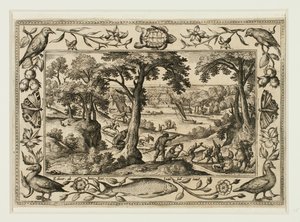 Berenjacht, uit Landschappen met scènes uit het Oude en Nieuwe Testament en Jachtscènes door Adriaen Collaert