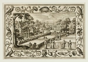 Christus en de discipelen in het veld, van landschappen met scènes uit het Oude en Nieuwe Testament en jachtscènes door Adriaen Collaert