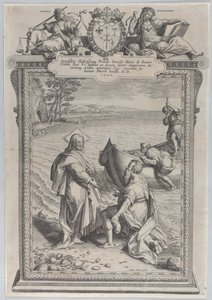 Christus roept Sint Andreas, die voor hem knielt op een strand, en Sint Petrus, die klimt..., 1590 door Adriaen Collaert