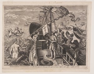 Christoffel Columbus op zijn schip, uit Americae Retectio (De ontdekking van Amerika) door Adriaen Collaert