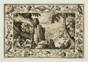 Daniël in de leeuwenkuil, uit Landschappen met scènes uit het Oude en Nieuwe Testament en Jachtscènes door Adriaen Collaert
