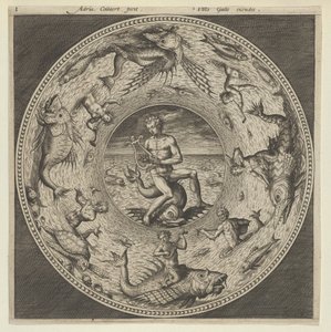 Ontwerp voor een Bord met Arion Rijdend op een Dolfijn in een Medaillon omgeven door Zeemonsters, ca. 1600 door Adriaen Collaert