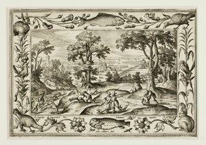 Hazenjacht, uit Landschappen met scènes uit het Oude en Nieuwe Testament en Jachtscènes door Adriaen Collaert