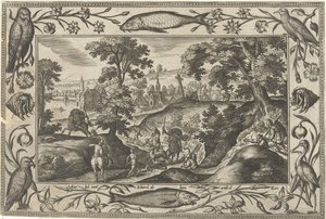 Hertenjacht Landschappen met Bijbelse, mythologische scènes en jachttaferelen door Adriaen Collaert