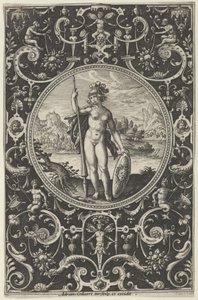 Minerva in een Decoratief Kader met Grotesken, uit het Oordeel van Paris door Adriaen Collaert